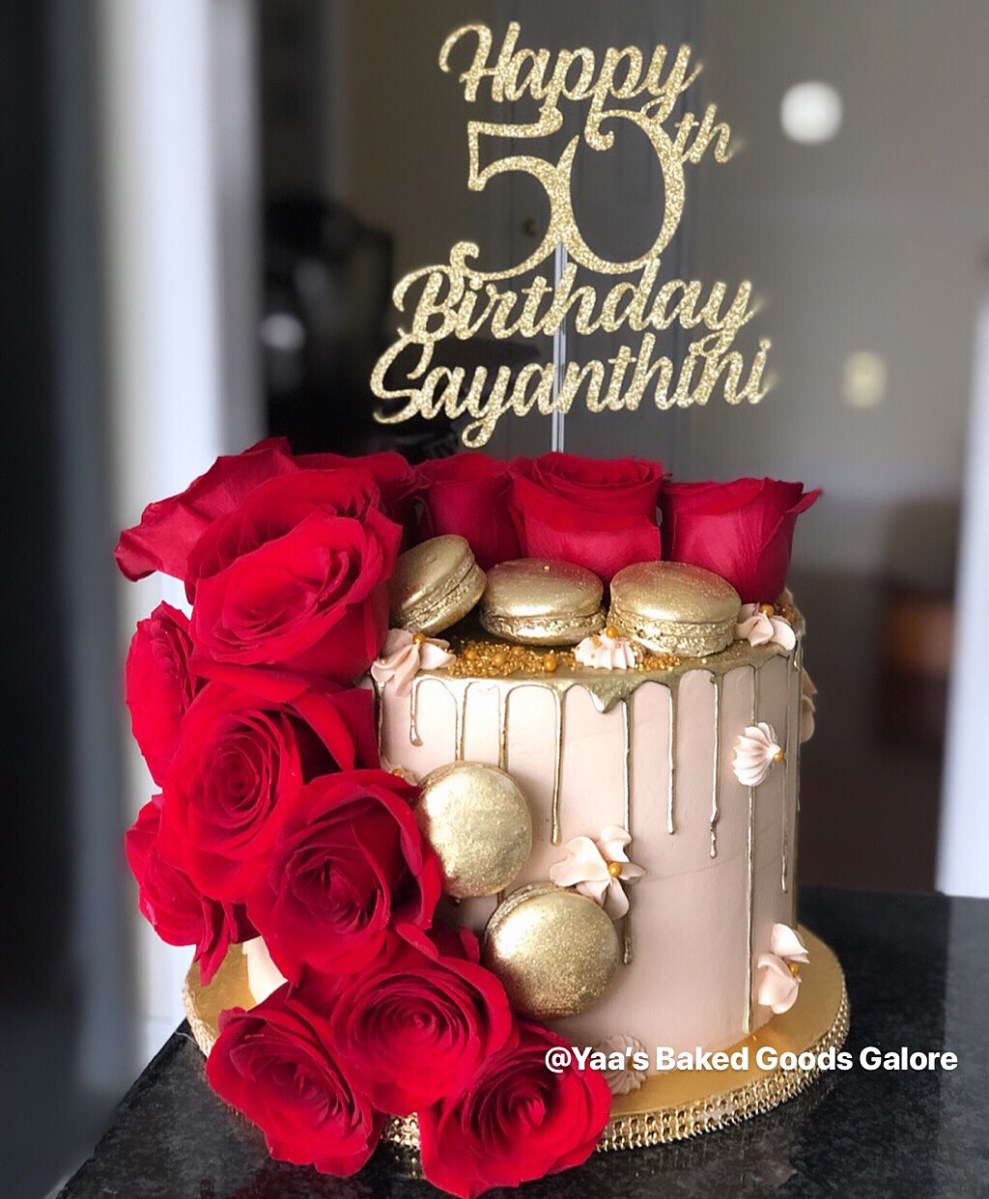 8″ Chocolate drip cake with fresh roses and macarons – Yaa's Baked ...